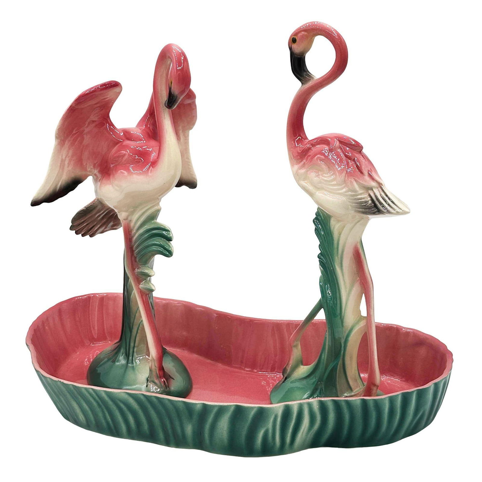 Mid-century Ceramic Flamingo Figurine Set in Tropical Pond Tray by Maddux - 12