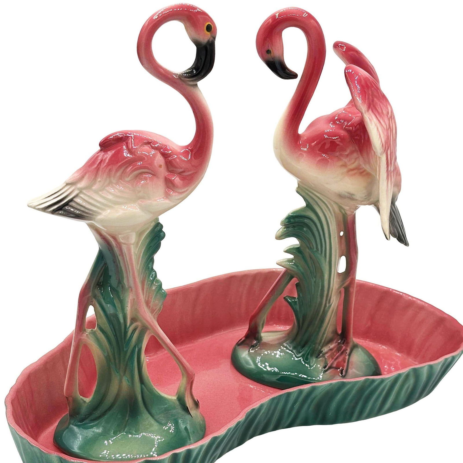 Mid-century Ceramic Flamingo Figurine Set in Tropical Pond Tray by Maddux - 8