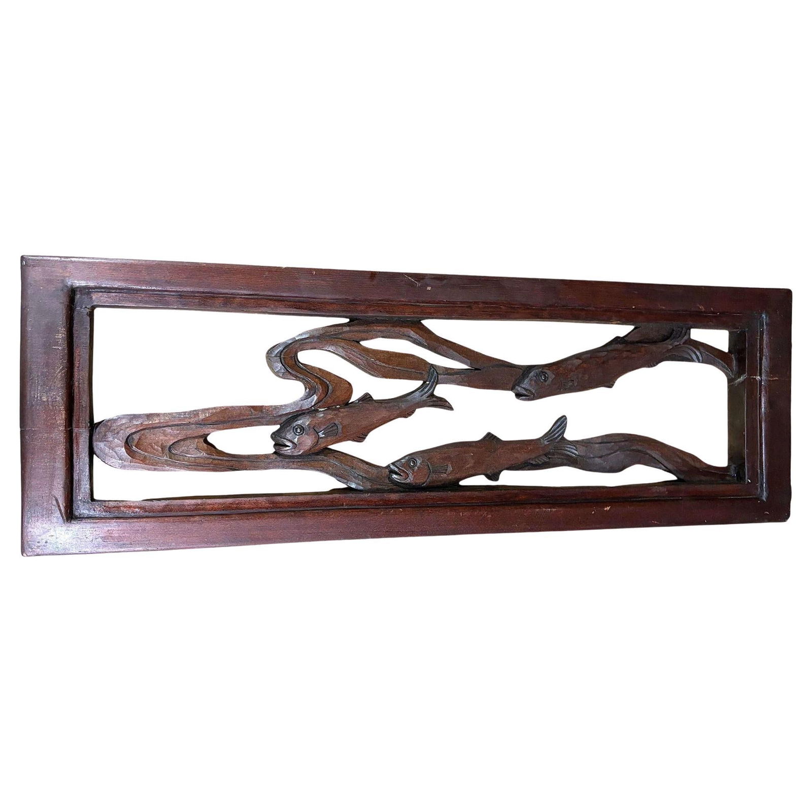 Asian Style Koi Fish Wall Hanging Cherry Wood Sculpture, Signed: Title: Asian Style Koi Fish Wall Hanging Cherry Wood Sculpture, Signed Description: Asian-style Koi fish Wall Sculpture beautifully handcrafted in a red cherry wood carving capturing the fluid motion