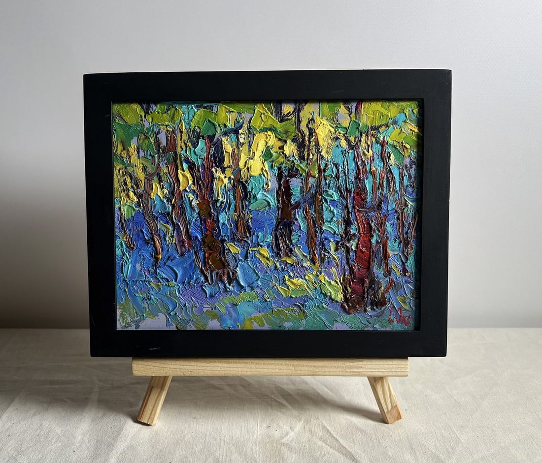 Oil painting A walk through the morning forest Oksana Kalenyuk: Title: Oil painting A walk through the morning forest Oksana Kalenyuk Description: №AAA4043 This oil painting cardboard, titled "A walk through the morning forest", the artist employs a dynamic
