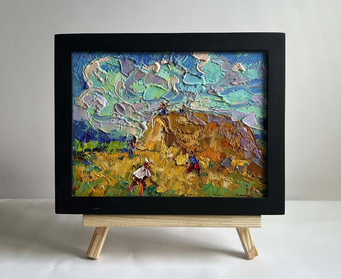 Oil painting Working in the field with hay Alex Kalenyuk: Title: Oil painting Working in the field with hay Alex Kalenyuk Description: №AAA4055 This oil painting cardboard, titled "Working in the field with hay", the composition is dynamic, full of mov