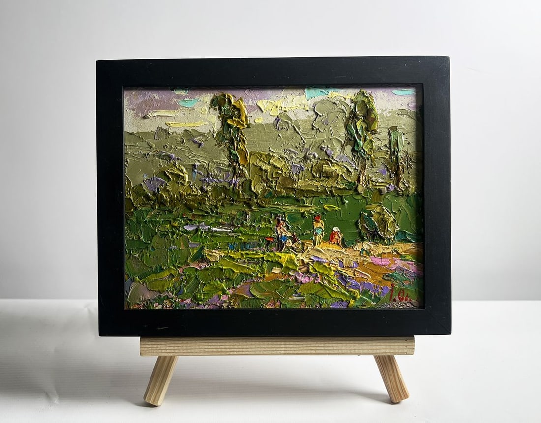 Oil painting Summer walk outside the village Alex Kalenyuk: Title: Oil painting Summer walk outside the village Alex Kalenyuk Description: №AAA4091 This oil painting cardboard, titled "Summer walk outside the village", the landscape is lush and verdant,