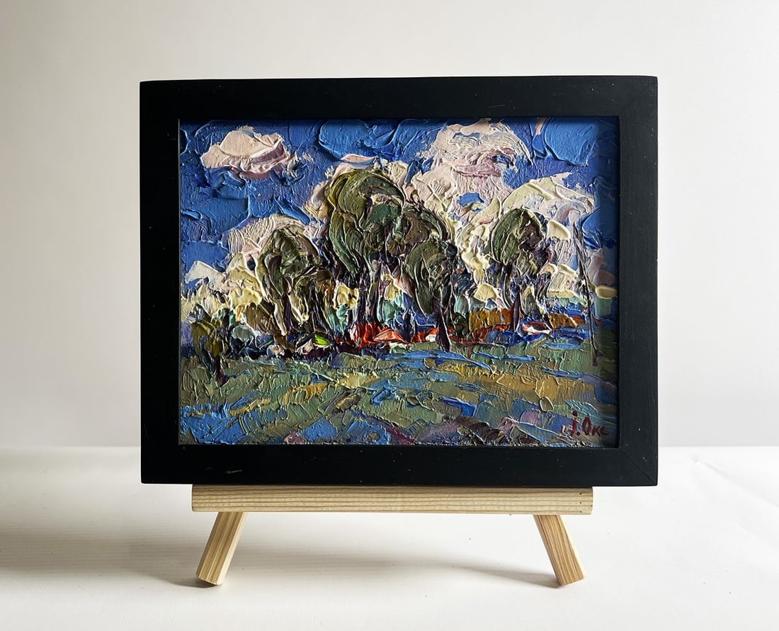 Oil painting Clouds are floating over the village Oksana Kalenyuk: Title: Oil painting Clouds are floating over the village Oksana Kalenyuk Description: №AAA4107 This oil painting cardboard, titled "Clouds are floating over the village", the artist employs an e