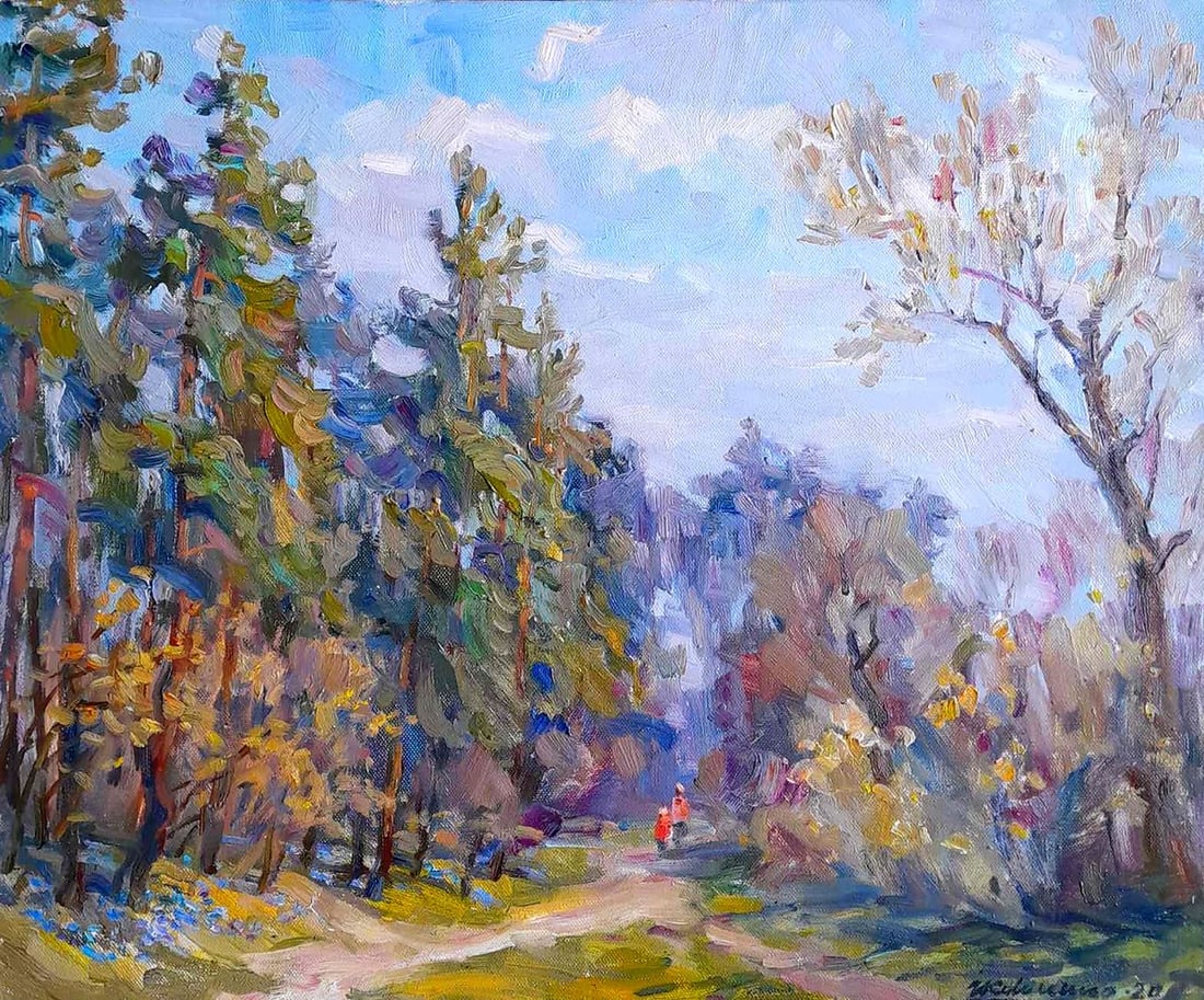 Oil painting Walk in the woods Ivan Kovalenko: Title: Oil painting Walk in the woods Ivan Kovalenko Description: №Koval 204 The painting "Walk in the Woods" by Ukrainian artist Kovalenko Ivan depicts a serene forest scene bathed in soft ligh