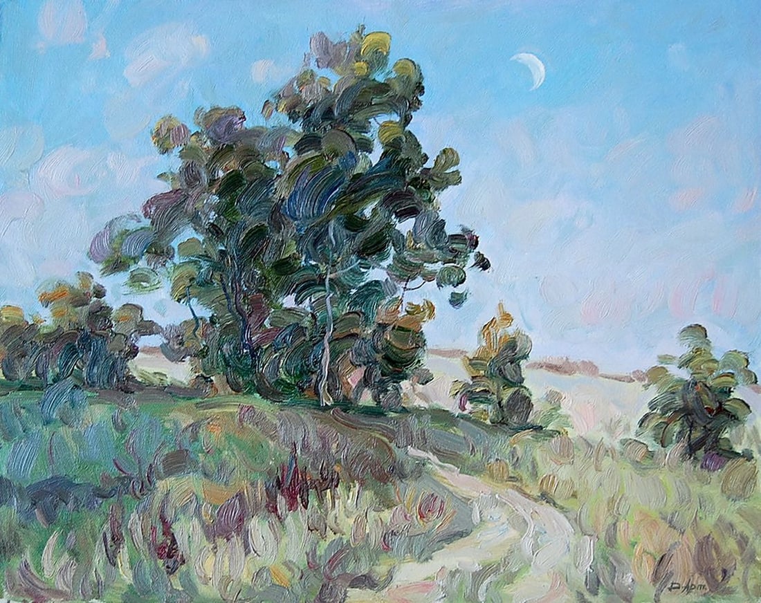 Oil painting Evening new moon Kotmin Dmitry: Title: Oil painting Evening new moon Kotmin Dmitry Description: №Kotmin 22 *** ABOUT THIS PAINTING *** * TITLE: "Evening new moon" * ARTISTS: Kotmin Dmitry * SIZE: 35x45 cm/'13.77x17.71 inches'