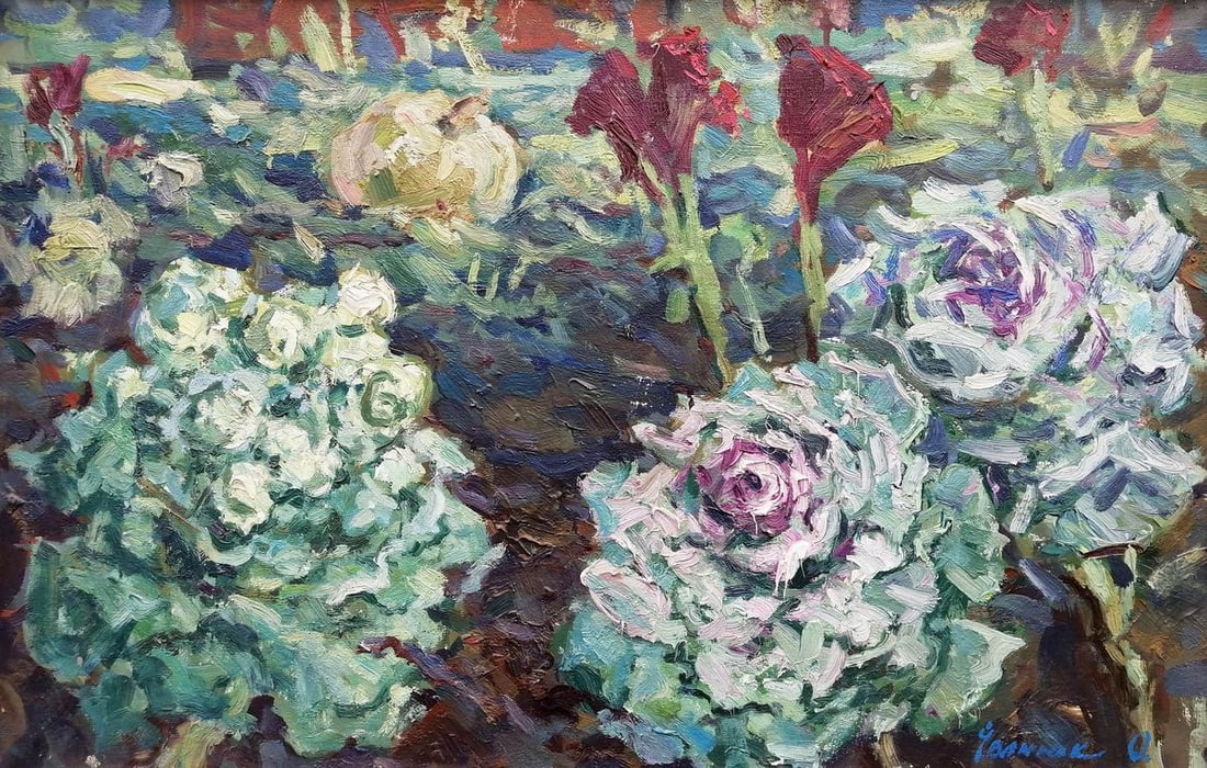 Oil painting Cabbage in the garden Kalenyuk Alex: Title: Oil painting Cabbage in the garden Kalenyuk Alex Description: №Kalen 93 *** ABOUT THIS PAINTING *** * TITLE: "Cabbage in the garden" * ARTISTS: Kalenyuk Alex * SIZE: 60x90 cm/'23.62x35.43