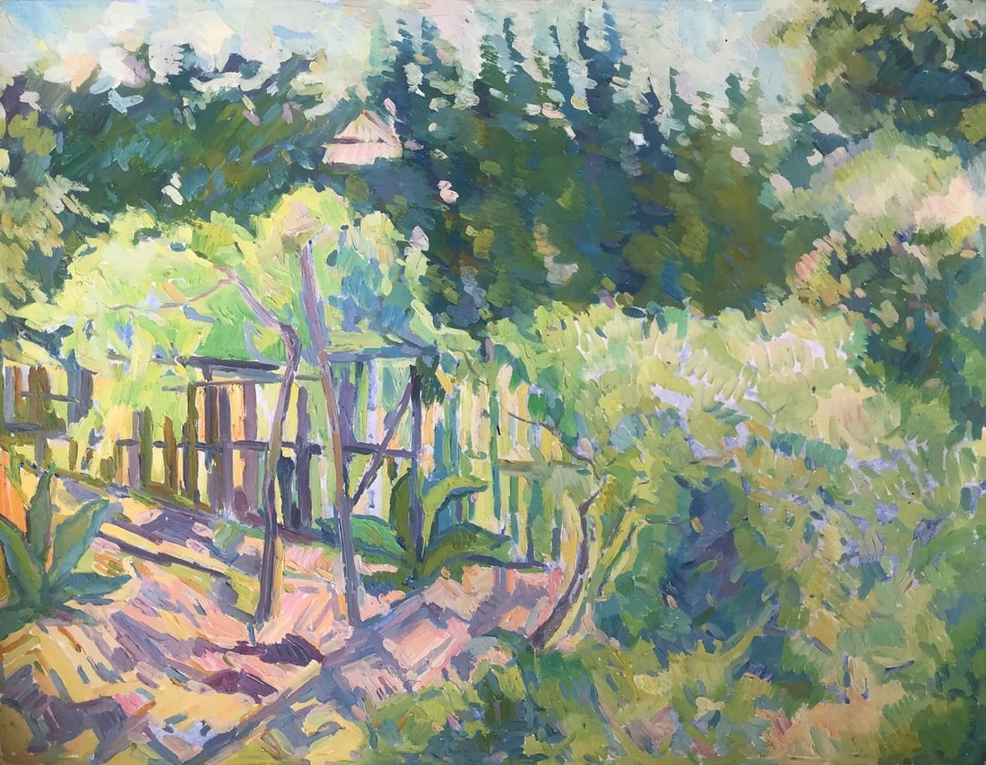 Oil painting House and garden Peter Tovpev: Title: Oil painting House and garden Peter Tovpev Description: №AAA2198 "House and garden" is an oil painting that depicts a summer scene of a lush garden with a house between trees. The paintin