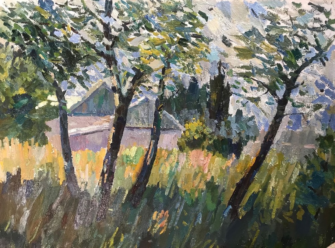 Oil painting House in the forest Peter Tovpev: Title: Oil painting House in the forest Peter Tovpev Description: №AAA2238 Looking at this oil painting, you can almost feel the warm summer breeze blowing through the forest. The "House in the
