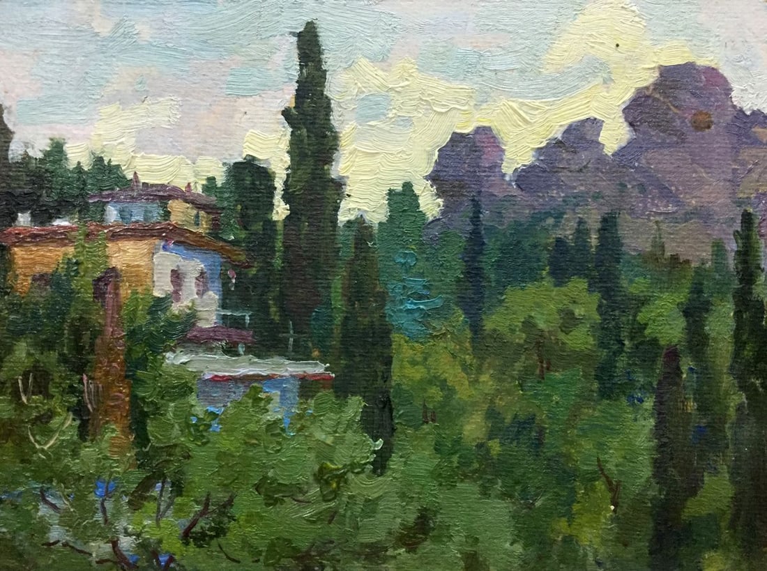 Oil painting Near the cottage: Title: Oil painting Near the cottage Description: №Vern 47 *** ABOUT THIS PAINTING *** * TITLE: "Near the cottage" * SIZE: 17.5x23.5 cm/'6.88x9.25 inches' * MEDIUM: oil, cardboard * HAND