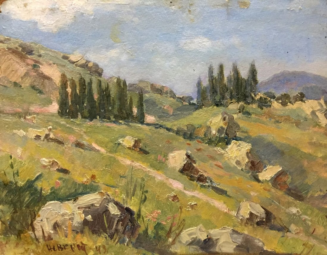 Oil painting Mountain: Title: Oil painting Mountain Description: №Vern 75 *** ABOUT THIS PAINTING *** * TITLE: "Mountain landscape" * SIZE: 42x35 cm/'16.53x13.77 inches' * MEDIUM: oil, cardboard * HAND PAINTED: Origin