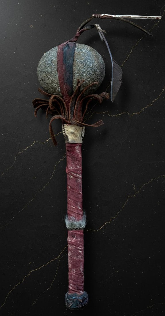 15" Antique Sioux Skull Cracker Club Painted Stone Rawhide Native American Tomahawk - 2