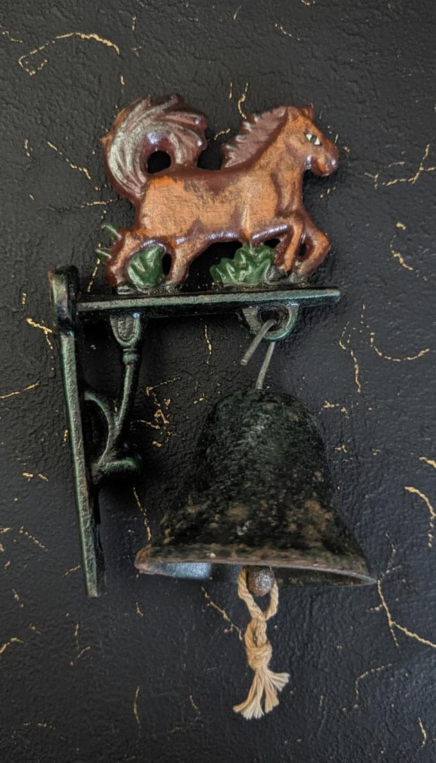 Vintage Cast Iron Dinner Bell with 3D Painted Horse Figurine Wall Mount 5" Tall - 3