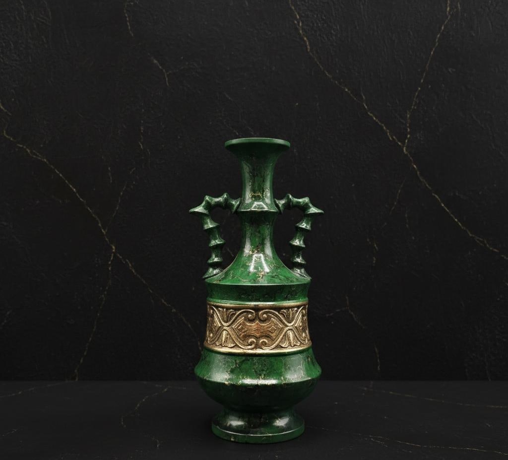 Vintage Chinese Decorative Urn Green Enamel Metal Vase with Ornate Gold Bamboo Handle: Title:Vintage Chinese Decorative Urn Green Enamel Metal Vase with Ornate Gold Bamboo HandleDescription:This vintage Chinese decorative vase is an ornate piece, crafted from metal. The striking green