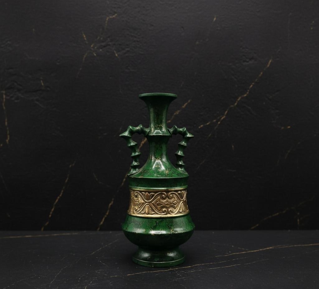 Vintage Chinese Decorative Urn Green Enamel Metal Vase with Ornate Gold Bamboo Handle - 2