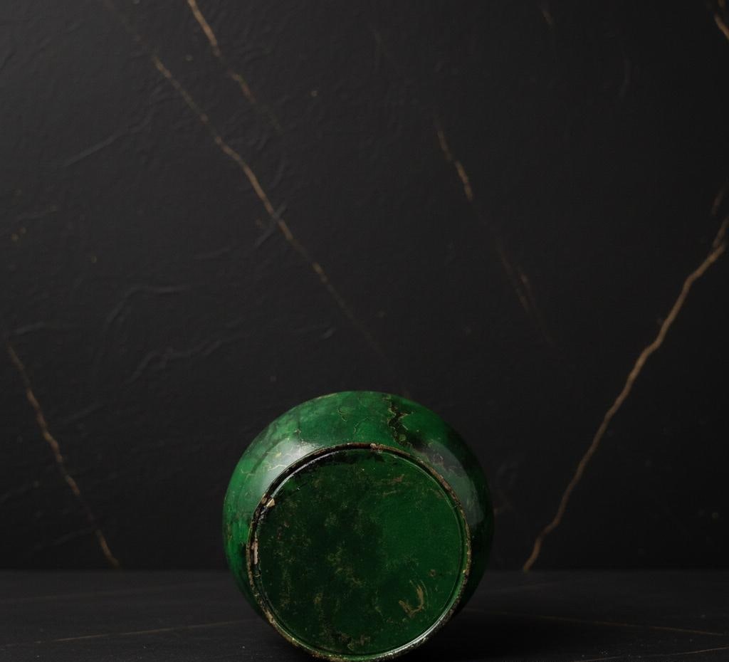 Vintage Chinese Decorative Urn Green Enamel Metal Vase with Ornate Gold Bamboo Handle - 3