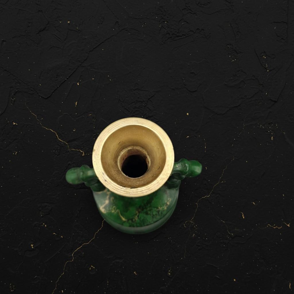 Vintage Chinese Decorative Urn Green Enamel Metal Vase with Ornate Gold Bamboo Handle - 4