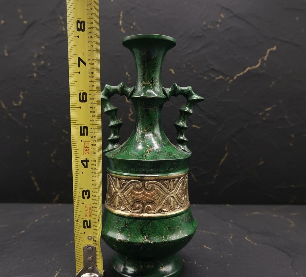 Vintage Chinese Decorative Urn Green Enamel Metal Vase with Ornate Gold Bamboo Handle - 5