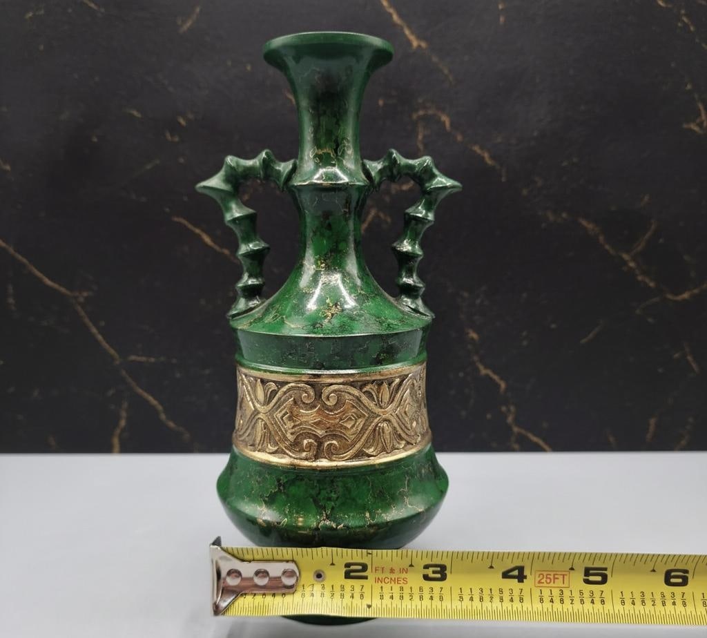 Vintage Chinese Decorative Urn Green Enamel Metal Vase with Ornate Gold Bamboo Handle - 6