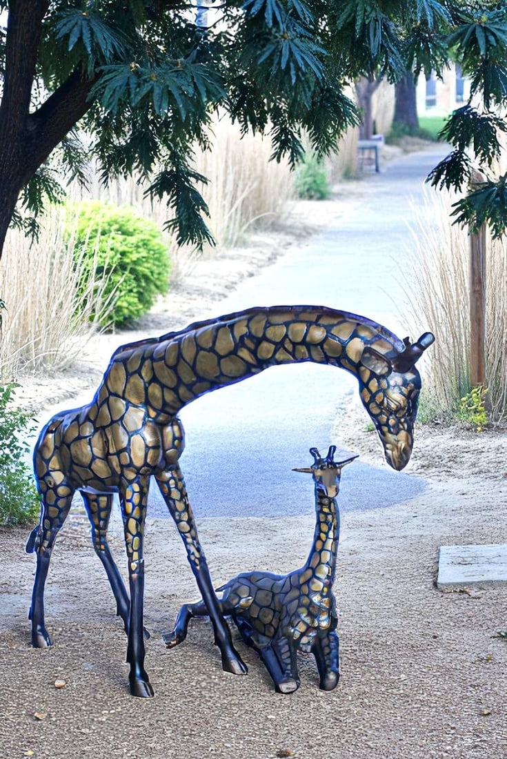 Life Size Bronze Giraffes Statues, One Laying, One Standing 77" x 21" x 58"H - 3
