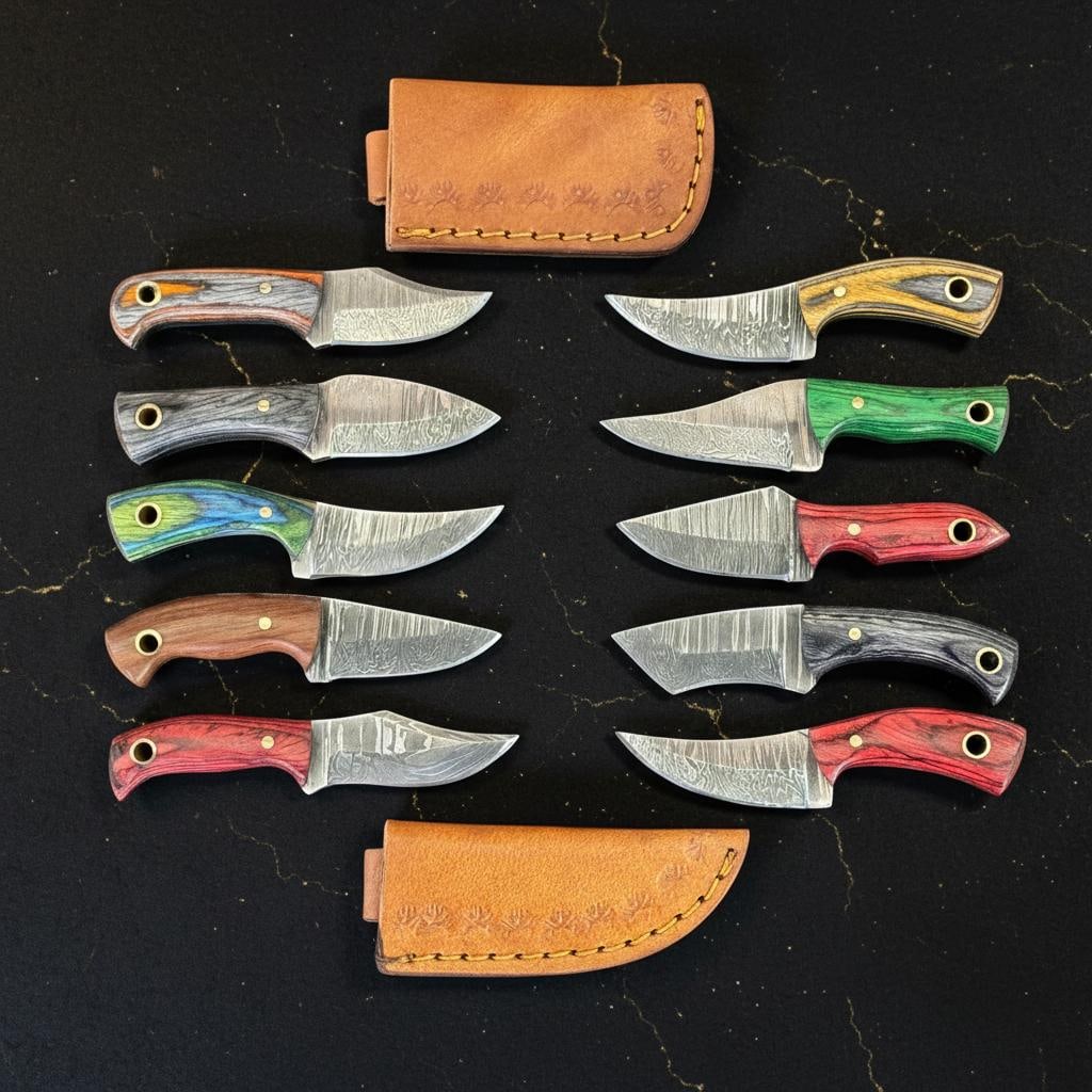 10pc Damascus Steel Skinner Knife Lot, Hand Forged Hunting Blades, Pakka Wood Handles: Title:10pc Damascus Steel Skinner Knife Lot, Hand Forged Hunting Blades, Pakka Wood Handles Description:This offering is for a set of ten masterfully crafted skinner knives, ideal for collectors and o