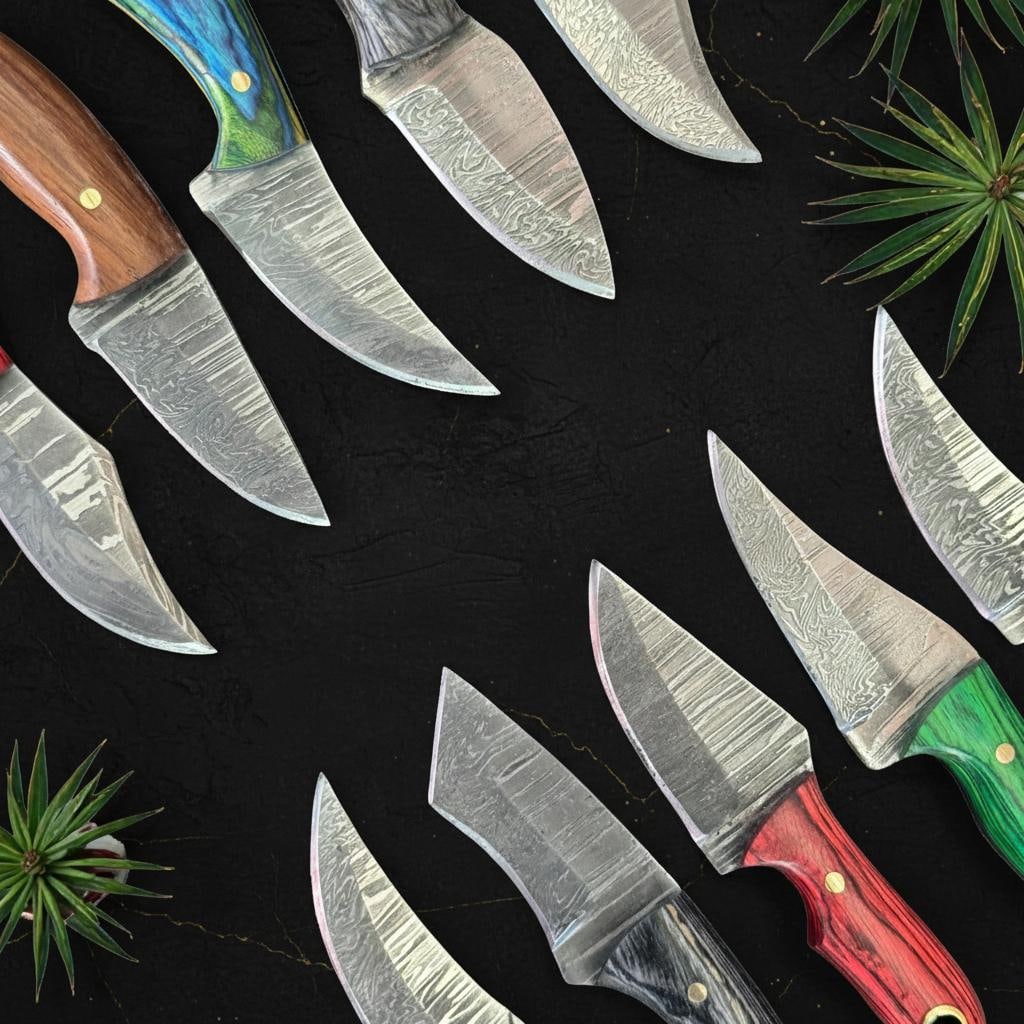 10pc Damascus Steel Skinner Knife Lot, Hand Forged Hunting Blades, Pakka Wood Handles - 4