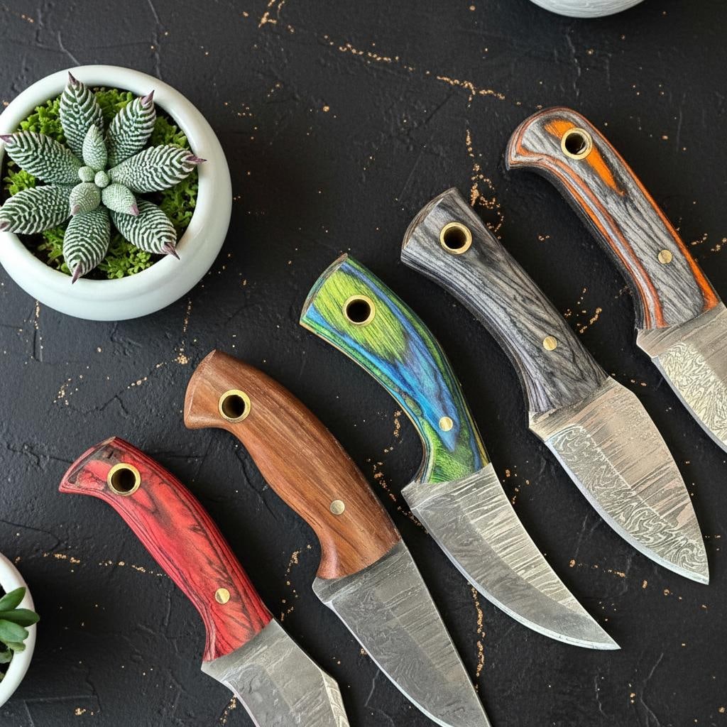 10pc Damascus Steel Skinner Knife Lot, Hand Forged Hunting Blades, Pakka Wood Handles - 5