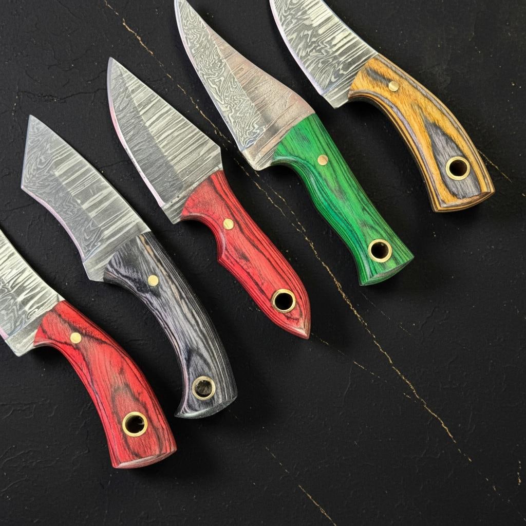 10pc Damascus Steel Skinner Knife Lot, Hand Forged Hunting Blades, Pakka Wood Handles - 6