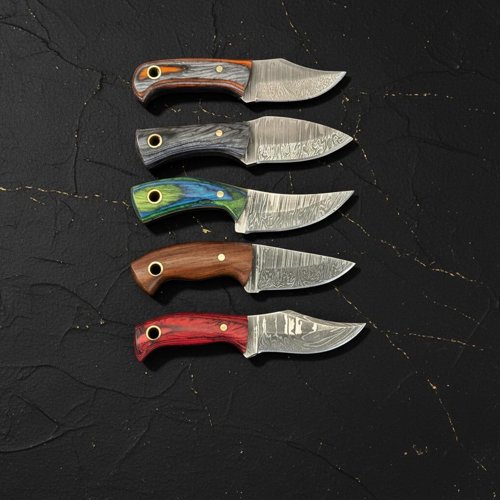 10pc Damascus Steel Skinner Knife Lot, Hand Forged Hunting Blades, Pakka Wood Handles - 7