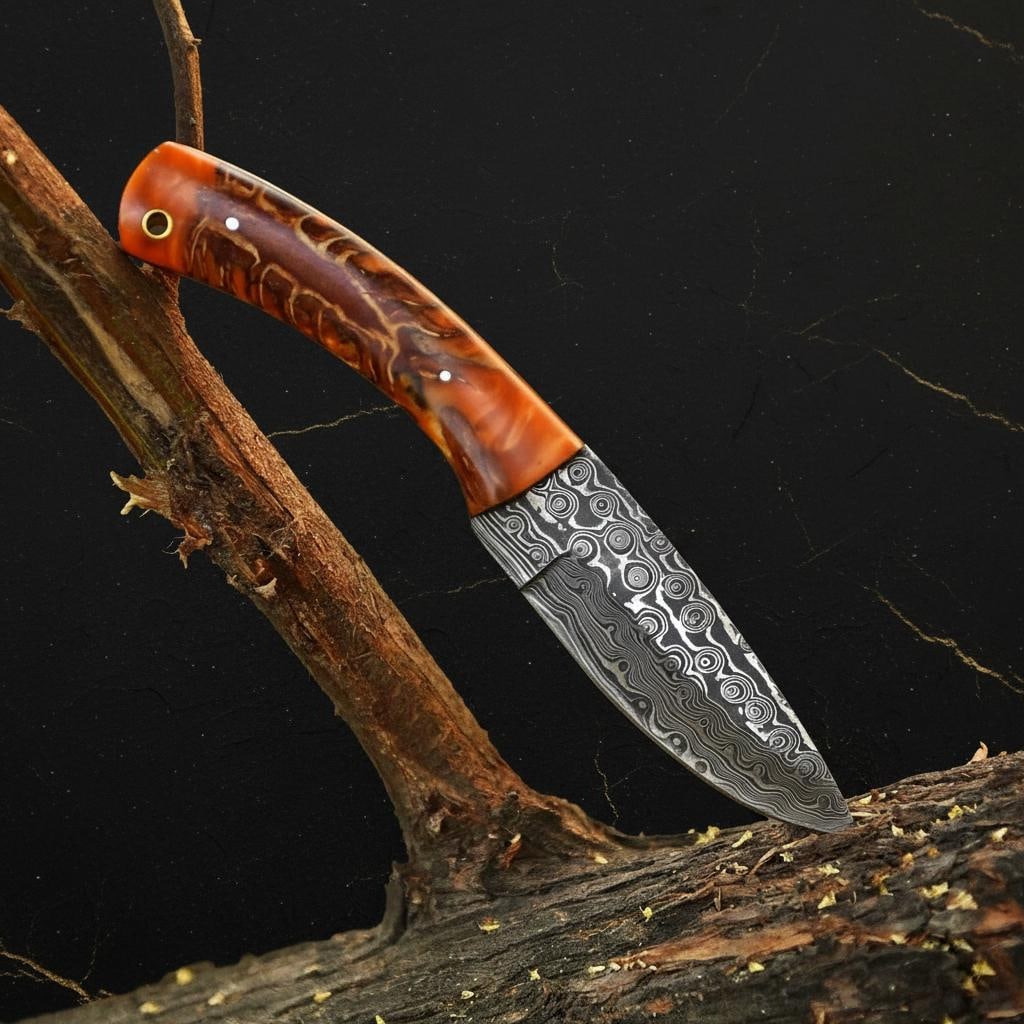 Handmade 8.5" Hunting Knife, Rain Pattern Damascus Steel Skinner Blade with Sheath: Title:Handmade 8.5" Hunting Knife, Rain Pattern Damascus Steel Skinner Blade with Sheath Description:This custom handmade skinner knife is forged from high quality Damascus steel, featuring a distinct