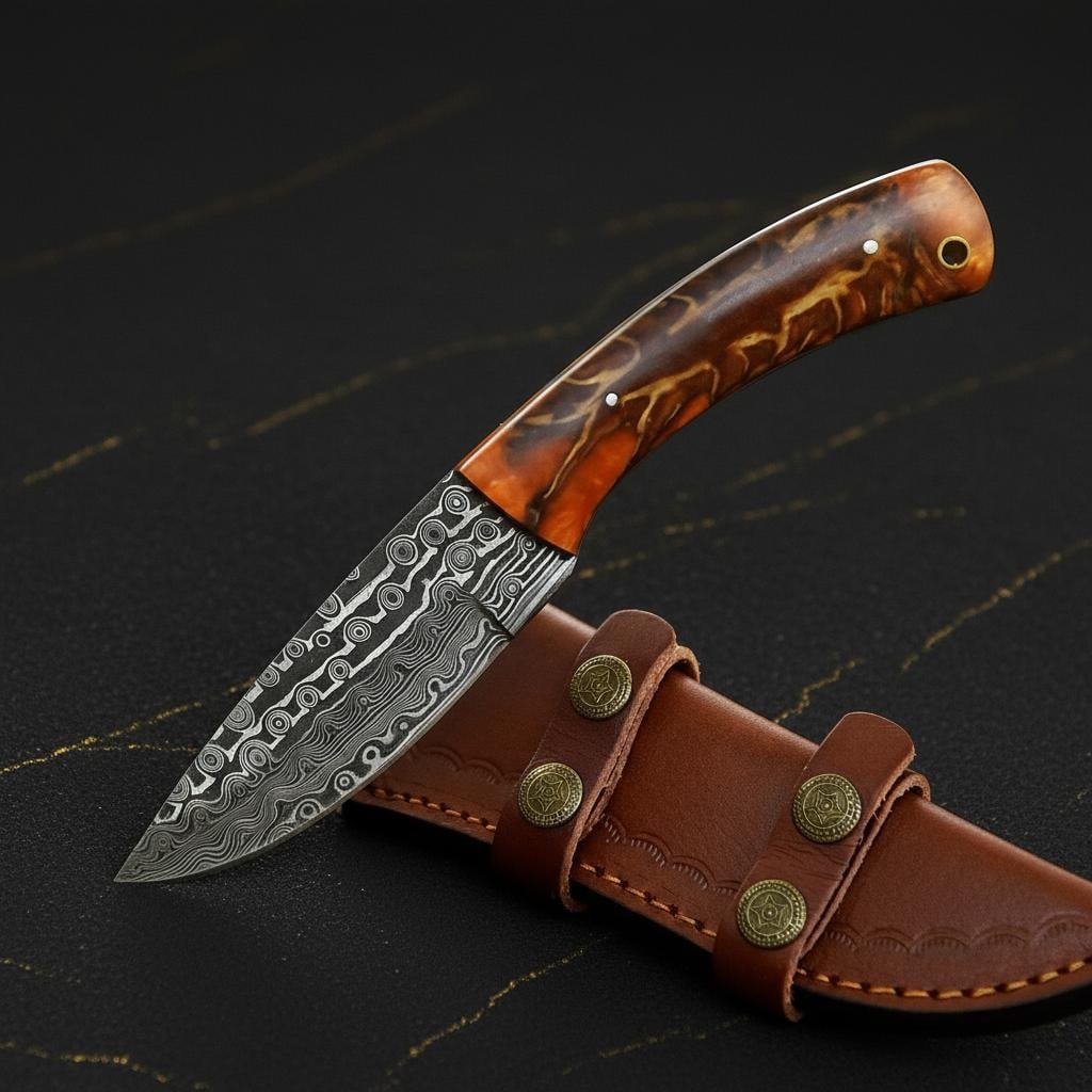 Handmade 8.5" Hunting Knife, Rain Pattern Damascus Steel Skinner Blade with Sheath - 4