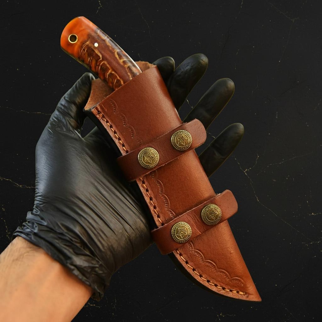 Handmade 8.5" Hunting Knife, Rain Pattern Damascus Steel Skinner Blade with Sheath - 5