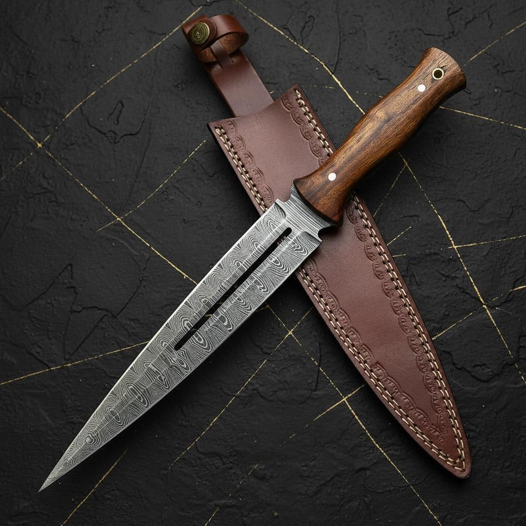 Classic Double Edge Dagger Knife, 14" Hand-Forged Damascus Steel Full Tang Blade: Title:Classic Double Edge Dagger Knife, 14" Hand-Forged Damascus Steel Full Tang Blade Description:Discover this expertly handcrafted dagger, featuring a striking double-edged blade forged from high-q