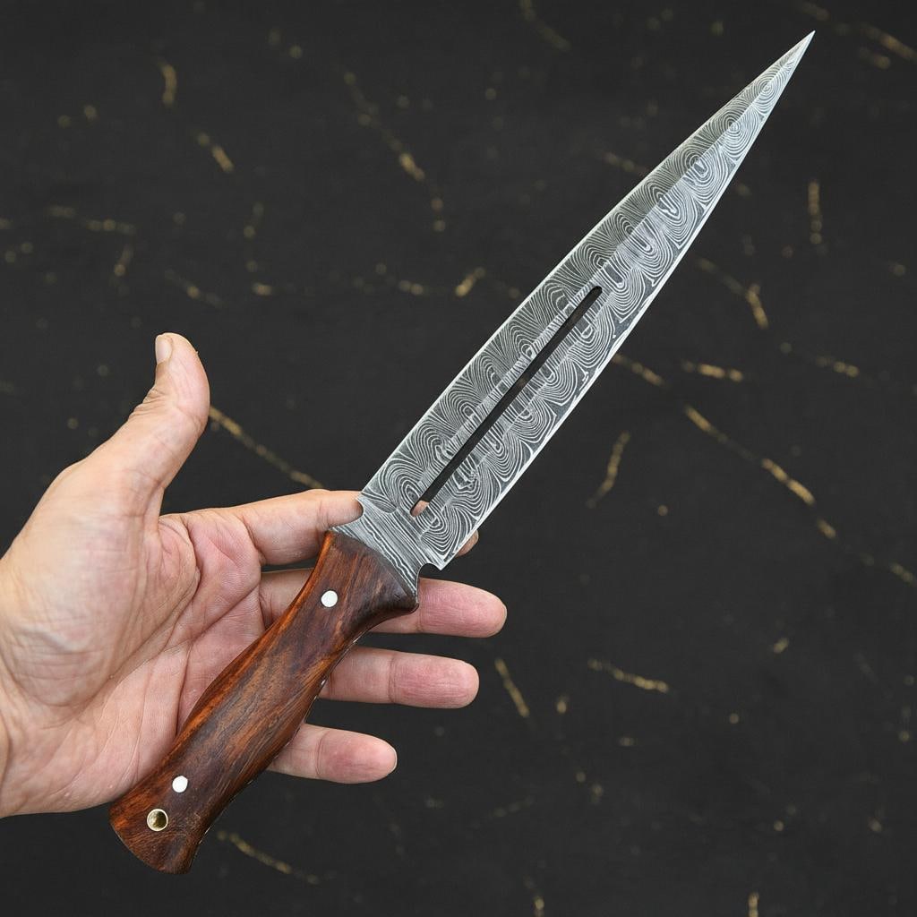 Classic Double Edge Dagger Knife, 14" Hand-Forged Damascus Steel Full Tang Blade - 3