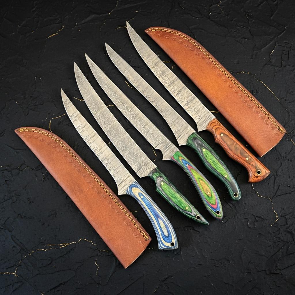 5pc Handmade Fillet Knife Set Full Tang Damascus Steel Pakka Wood Handles: Title:5pc Handmade Fillet Knife Set Full Tang Damascus Steel Pakka Wood Handles Description:This listing is for a lot of 5 handmade fillet knives, each designed for precision and durability. The full