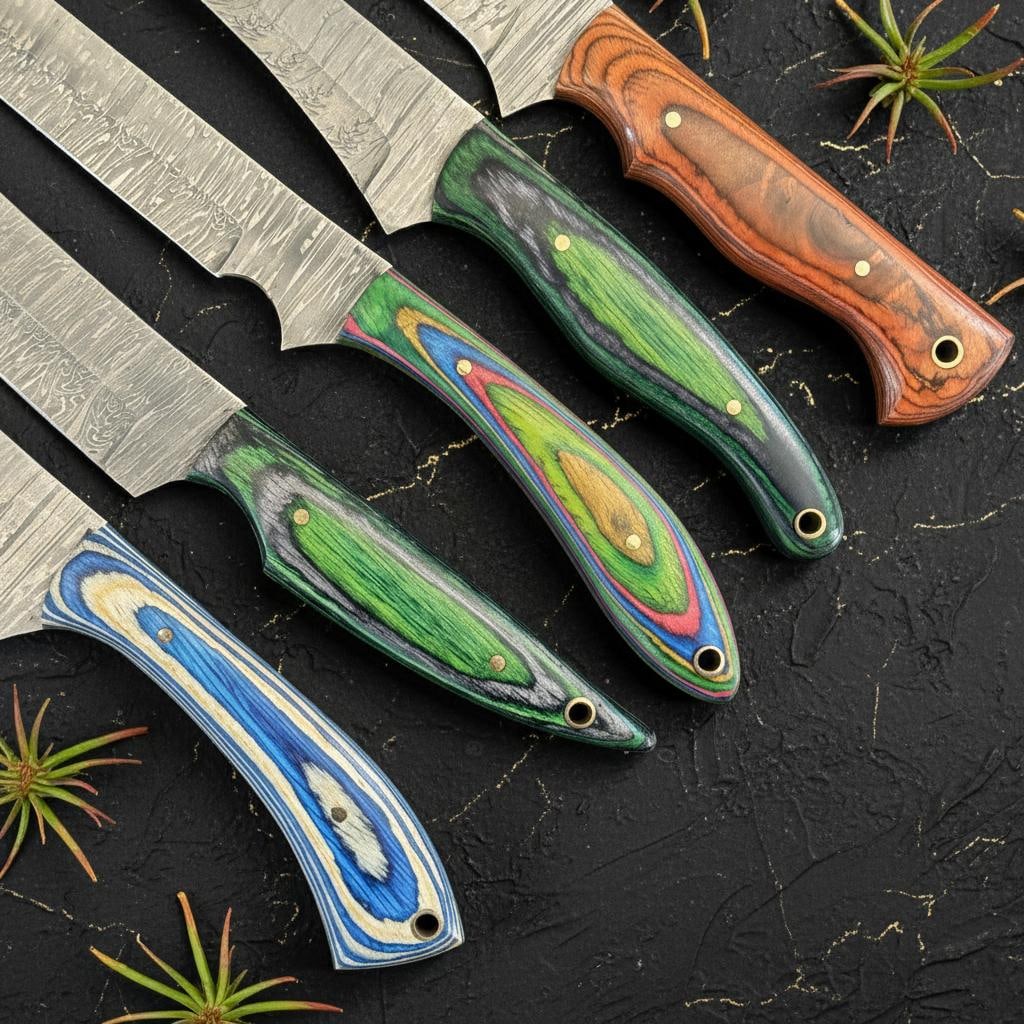 5pc Handmade Fillet Knife Set Full Tang Damascus Steel Pakka Wood Handles - 3