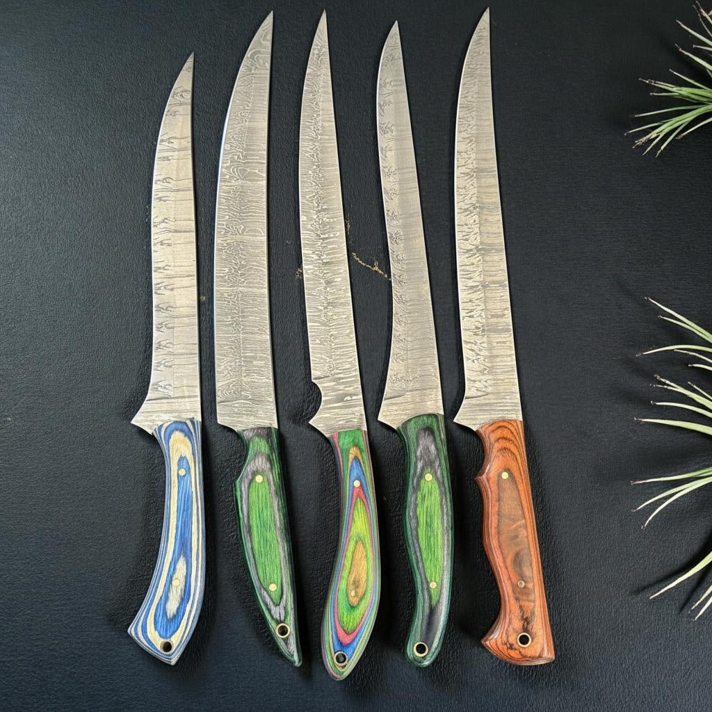 5pc Handmade Fillet Knife Set Full Tang Damascus Steel Pakka Wood Handles - 4