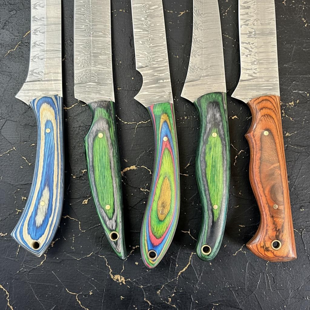 5pc Handmade Fillet Knife Set Full Tang Damascus Steel Pakka Wood Handles - 5