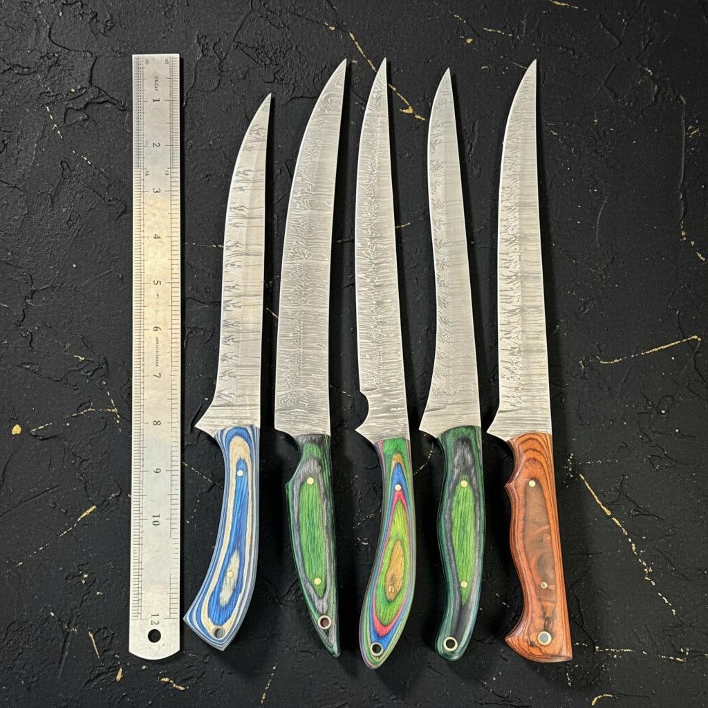 5pc Handmade Fillet Knife Set Full Tang Damascus Steel Pakka Wood Handles - 6