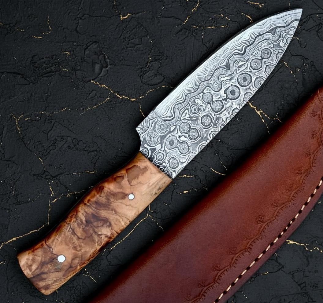 Hand Forged Rain Drop Damascus Steel Skinner Knife with Custom Wood Handle - 2
