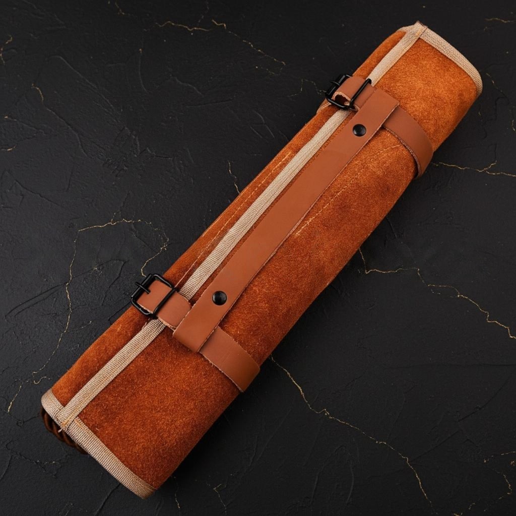 Hand Forged 5pc Damascus Steel Kitchen Knife Set with Custom Leather Sheath - 5