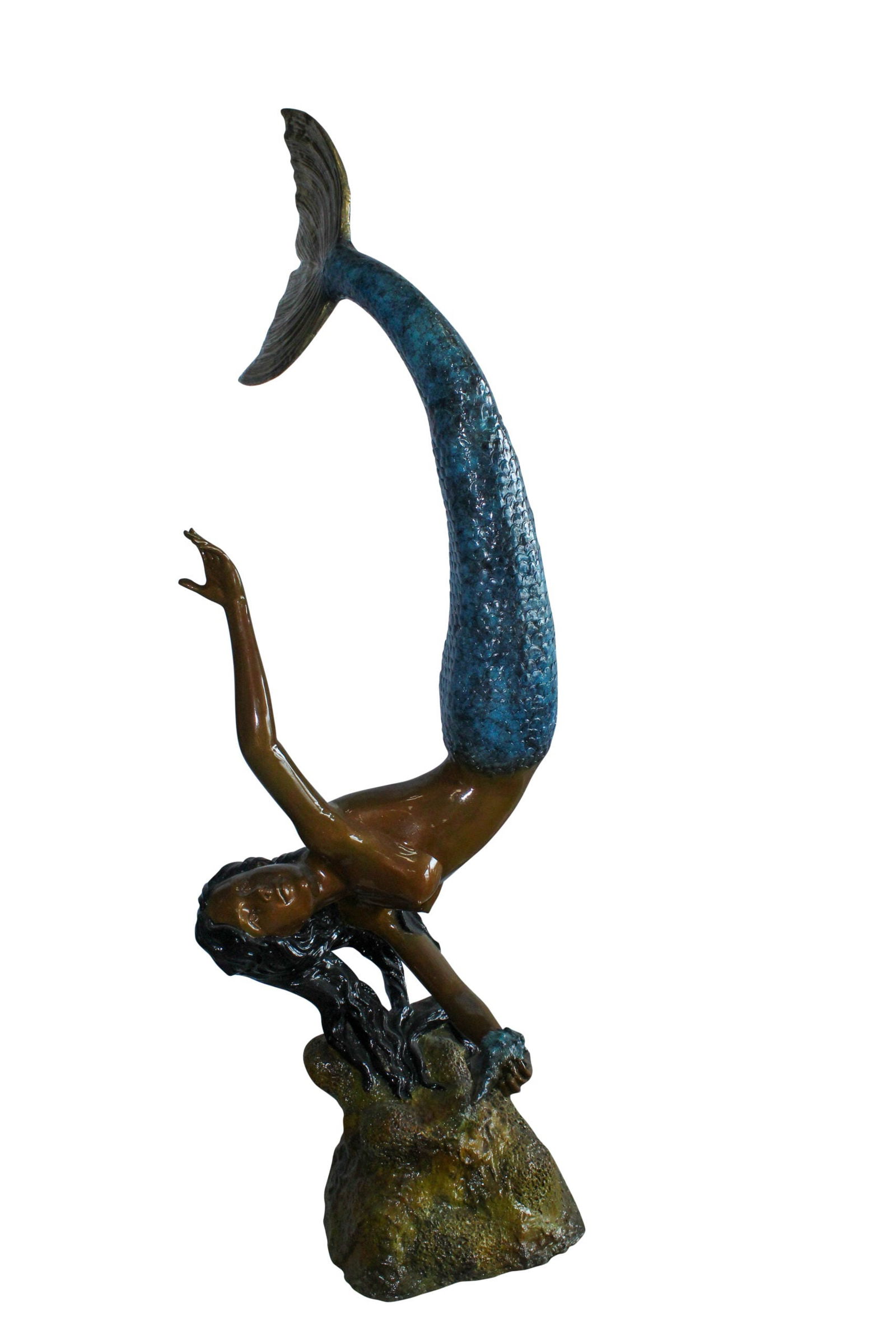 Large Bronze Mermaid Fountain Statue With Blue Tail 37" x 30" x 85"H: Title:Large Bronze Mermaid Fountain Statue With Blue Tail 37" x 30" x 85"H Description:Magnificent 85-inch tall bronze mermaid fountain statue with an upside down pose, flowing hair, and blue tail. Cr