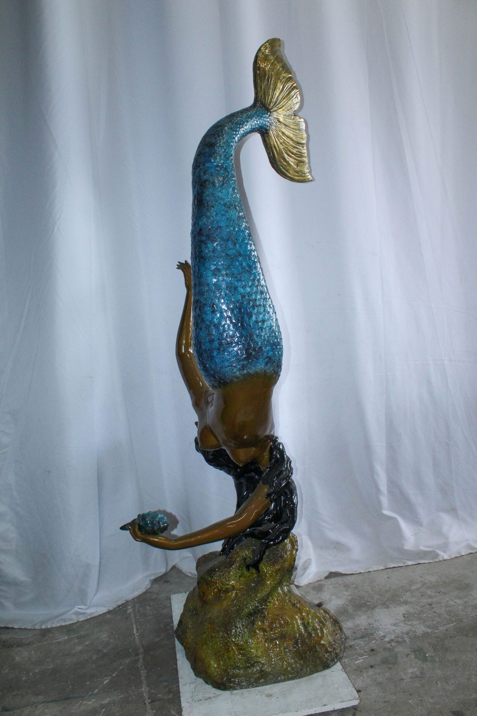 Large Bronze Mermaid Fountain Statue With Blue Tail 37" x 30" x 85"H - 4