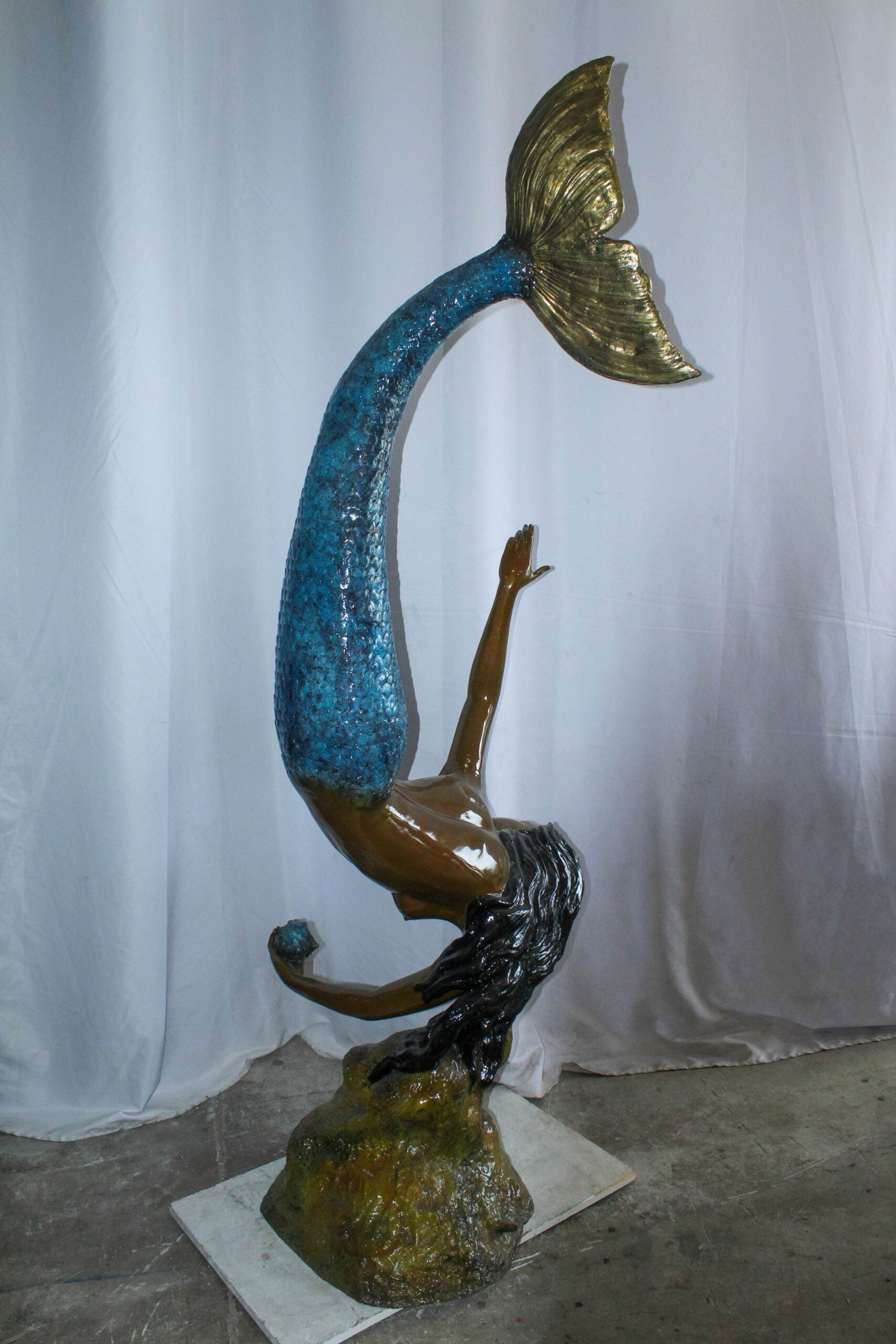Large Bronze Mermaid Fountain Statue With Blue Tail 37" x 30" x 85"H - 5