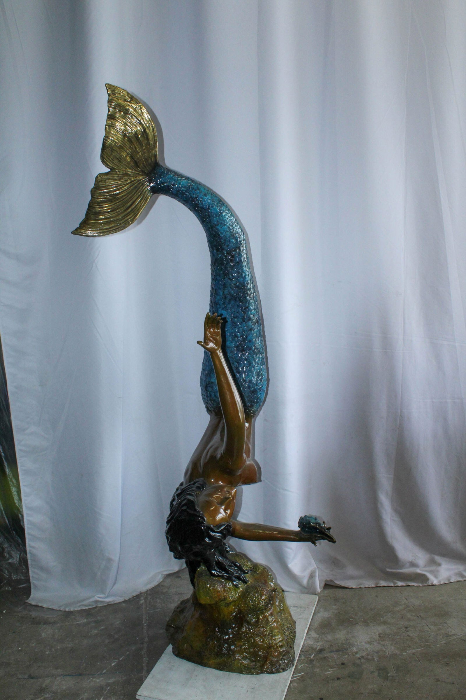 Large Bronze Mermaid Fountain Statue With Blue Tail 37" x 30" x 85"H - 8