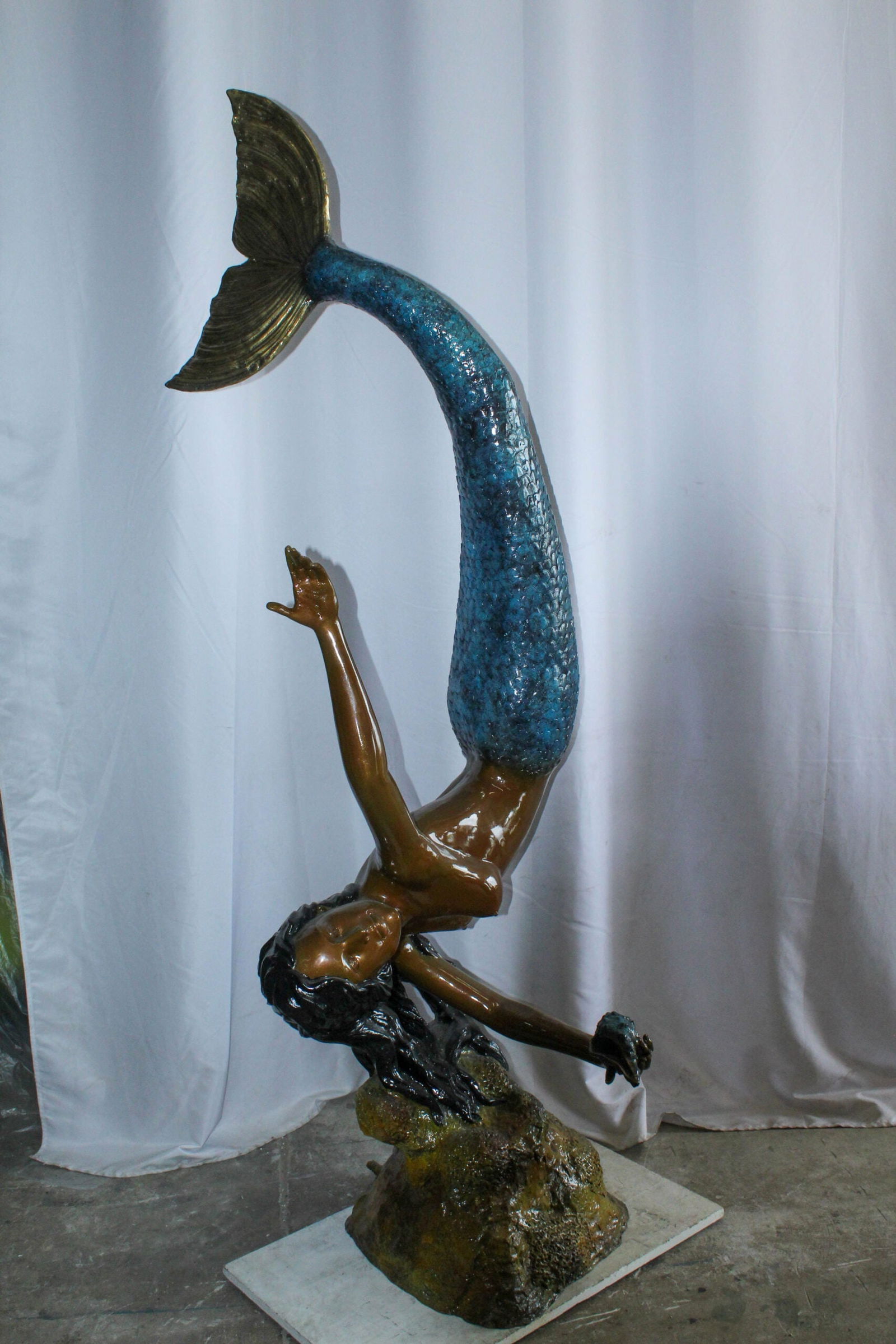 Large Bronze Mermaid Fountain Statue With Blue Tail 37" x 30" x 85"H - 9