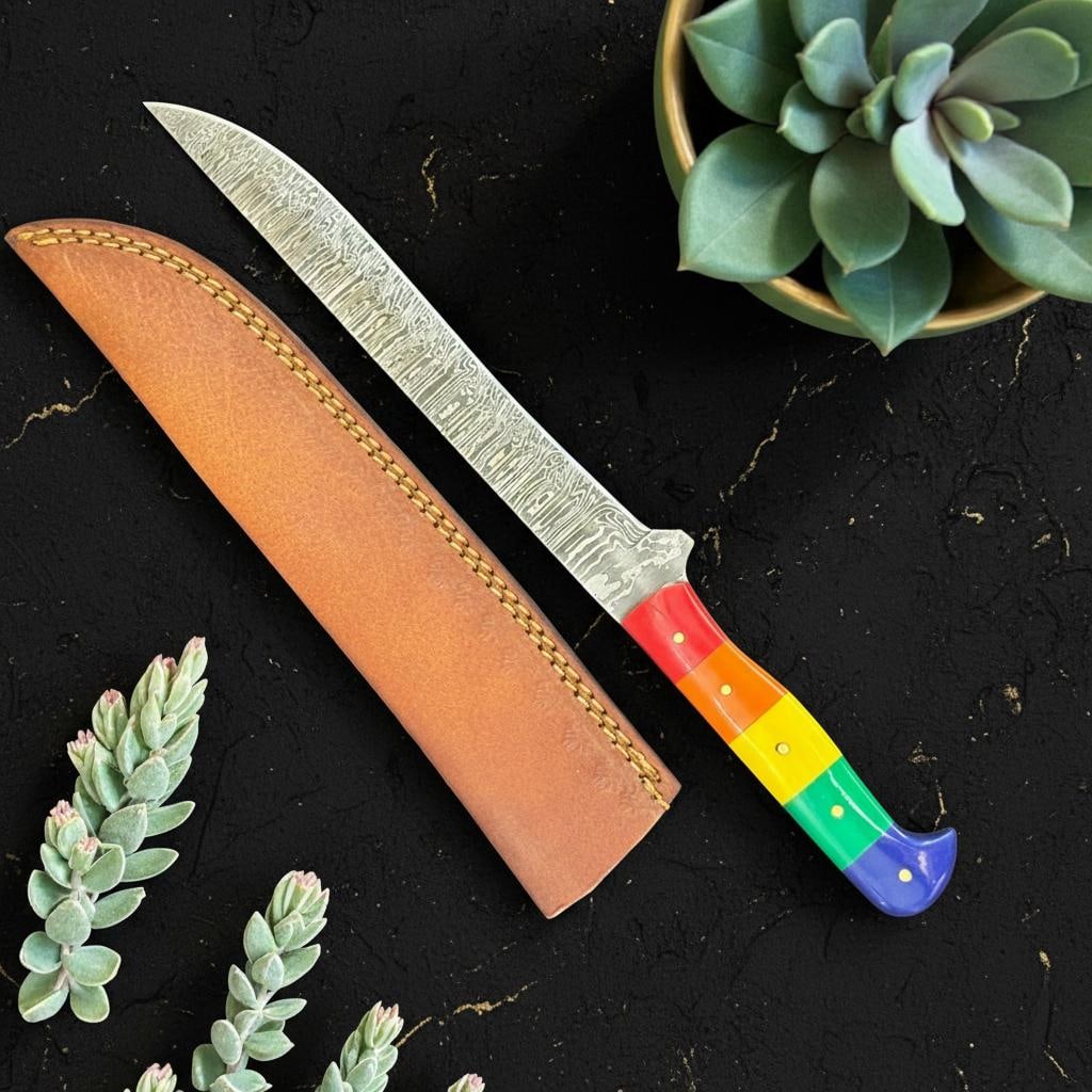 Handcrafted 12" Damascus Steel Fillet Knife with Full Tang Rainbow Handle - 4