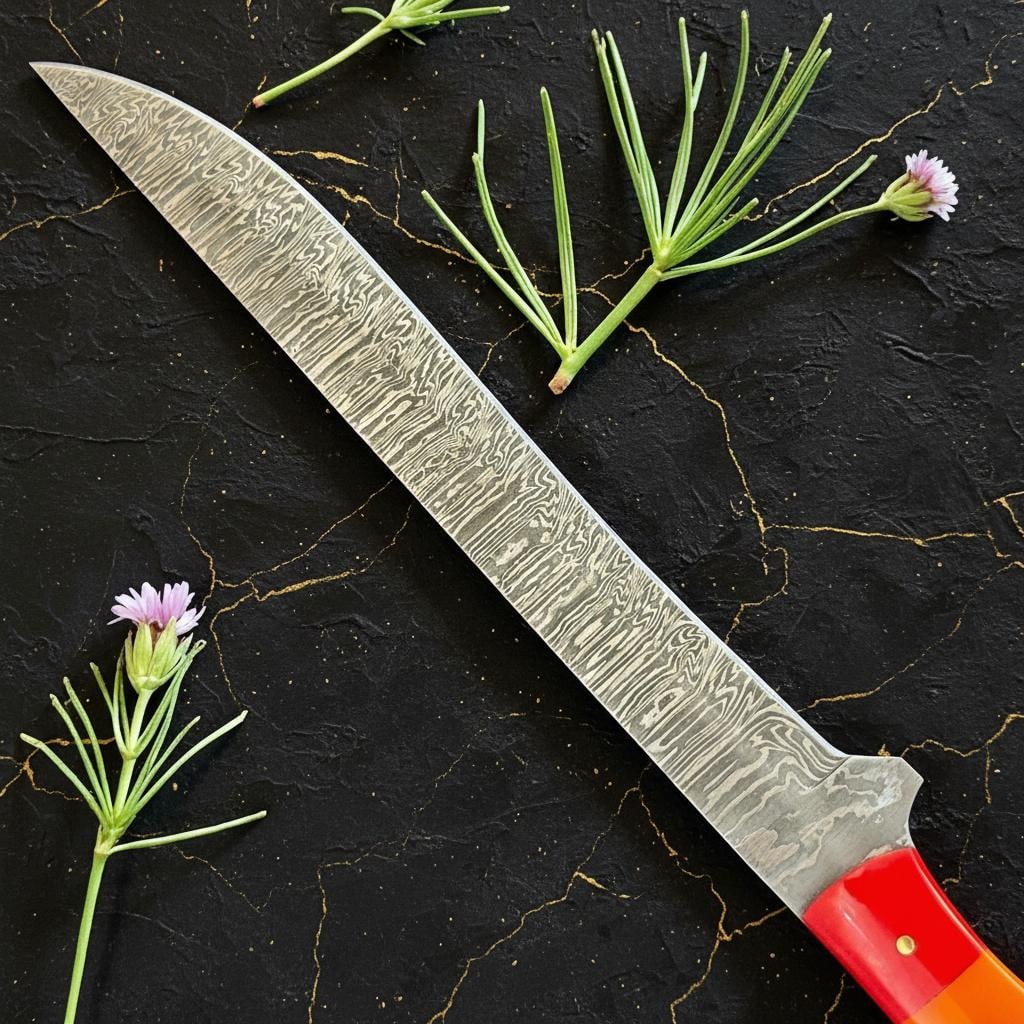 Handcrafted 12" Damascus Steel Fillet Knife with Full Tang Rainbow Handle - 5