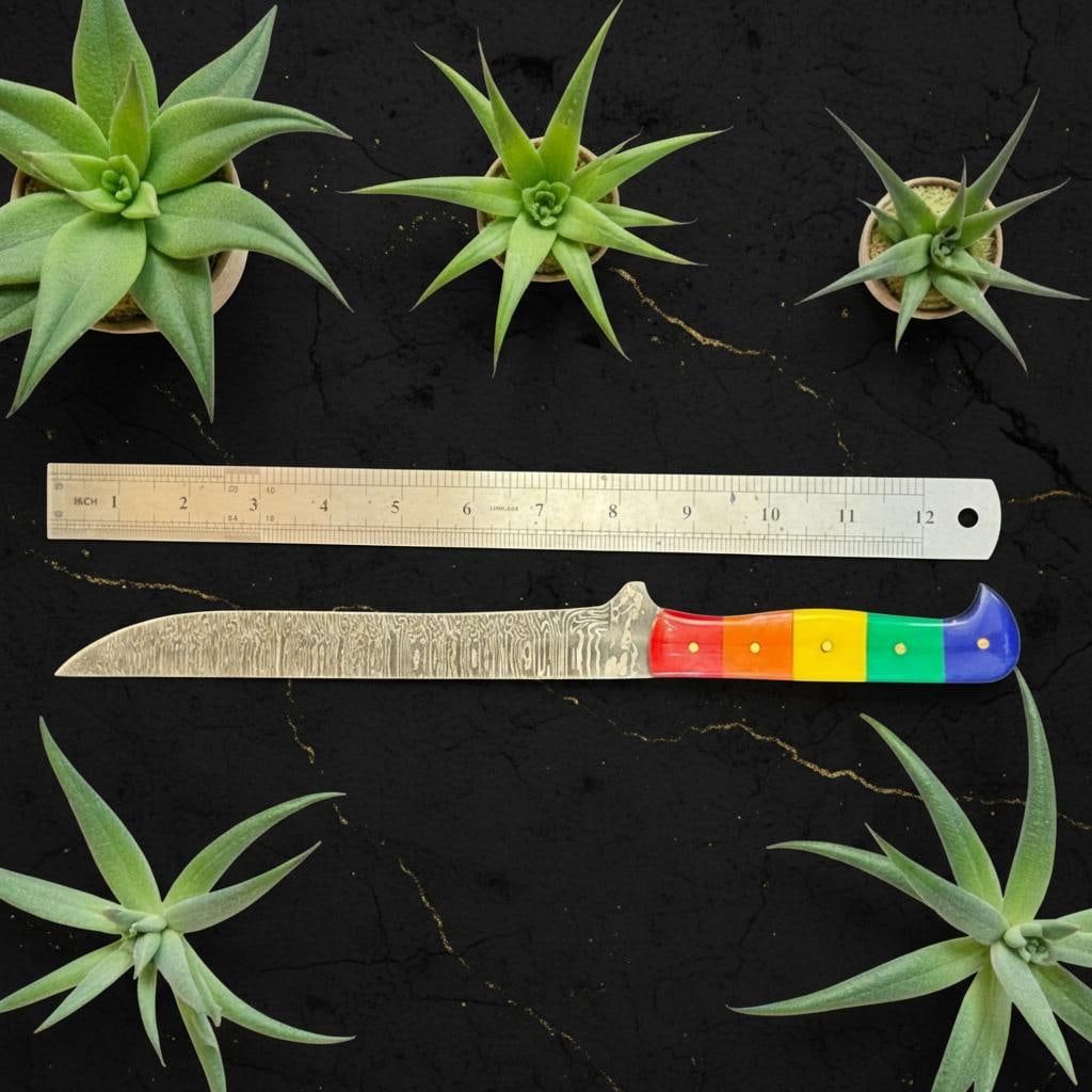 Handcrafted 12" Damascus Steel Fillet Knife with Full Tang Rainbow Handle - 7