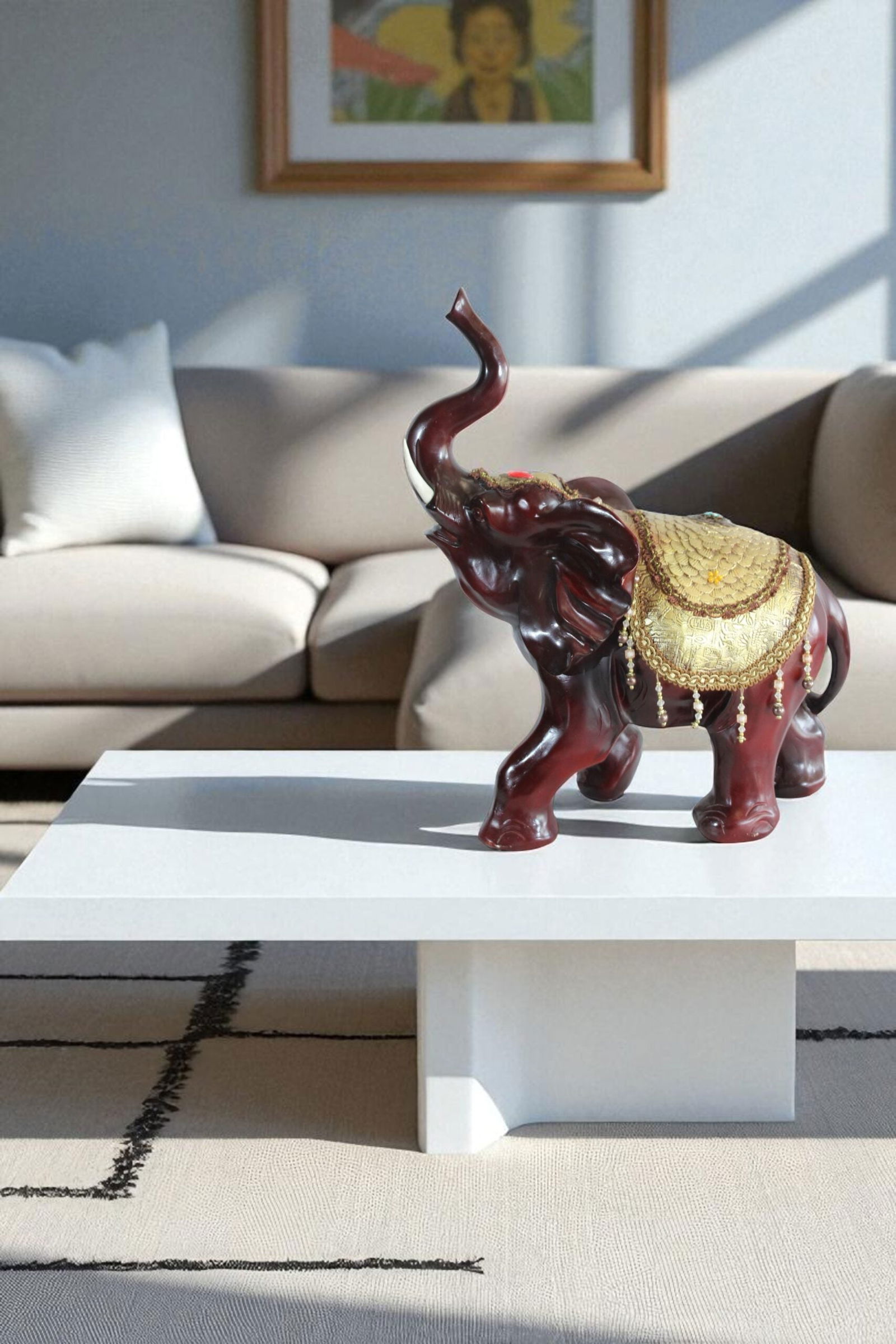 Resin Elephant Statue with Gold Saddle and Raised Trunk - Regal Lucky Elephant Home Decor - 19" x - 10