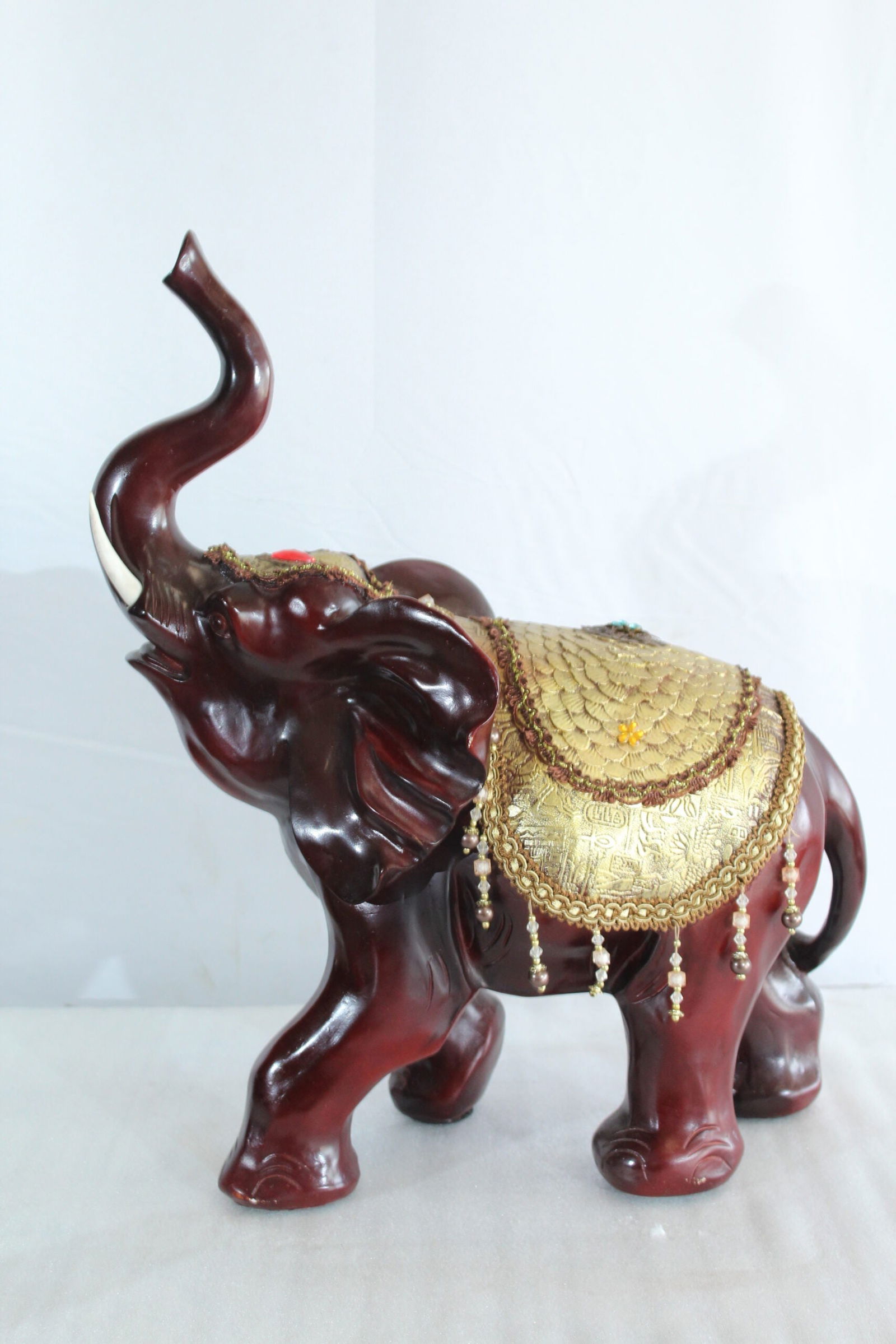 Resin Elephant Statue with Gold Saddle and Raised Trunk - Regal Lucky Elephant Home Decor - 19" x - 11